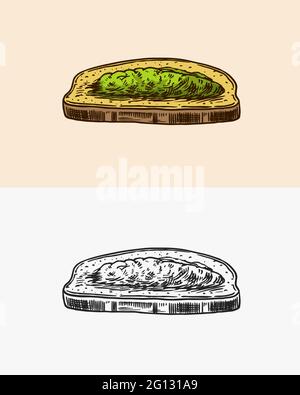 Sandwich à la sauce pesto. Pain au basilic. Esquisse gravée dessinée à la main. Illustration de Vecteur