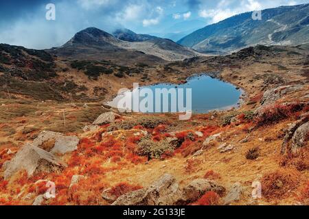 Vue de dessus du lac Kalapokhri, Sikkim, chaîne de montagnes himalayenne, Sikkim - c'est l'un des beaux lacs éloignés de Sikkim. Banque D'Images