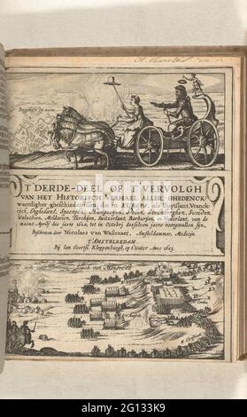 Feuille de titre de l'historique Hael, pneu 1 (dl. 3), 1621-1622; T 'troisième partie ou t' Vangolgh de l'historique Verhael Allen Hidgesis, qui en Europe, comme Duytslant, Vranckrijck, Enghelant, Spaenjen, Hungarijen, Pologne, néerlandais, du MAENT APRILLES DES JAERS 1622, à en octobre dernier Desselven Jaers 1622. Prévenir Sijn .. Page de titre de Historical Verhael, bande 1 (dl. 3), 1621-1622. Page de titre avec deux représentations. Au-dessus d'une scène allégorique avec le prince Maurits dans son triomphandre après le soulagé de Bergen op Zoom en 1622 et sous la bataille de Fleurus (1622). Au milieu d'un canevas avec le titre. Banque D'Images