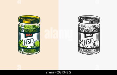 Sauce pesto dans un pot. Bouteille en verre. Plats végétariens verts. Esquisse gravée dessinée à la main. Illustration de Vecteur