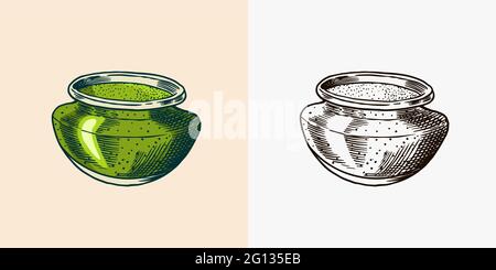 Sauce pesto dans un pot. Bouteille en verre. Plats végétariens verts. Esquisse gravée dessinée à la main. Illustration de Vecteur