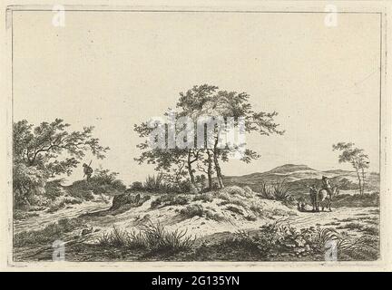 Paysage avec conducteur et piéton. Un paysage vallonné avec un arbre d'art au milieu. Sur le chemin, il y a un homme avec un bras tendu à côté d'un homme à cheval. De l'autre côté du Boompartij un marcheur avec un bâton dans ses mains. Banque D'Images