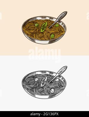 Pâtes italiennes avec sauce pesto et basilic. Pâtes dans le bol. Esquisse gravée dessinée à la main. Illustration de Vecteur