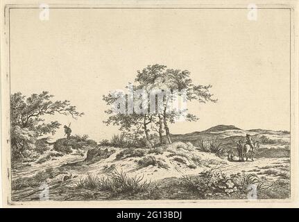 Paysage avec conducteur et piéton. Un paysage vallonné avec un arbre d'art au milieu. Sur le chemin, il y a un homme avec un bras tendu à côté d'un homme à cheval. De l'autre côté du Boompartij un marcheur avec un bâton dans ses mains. Banque D'Images