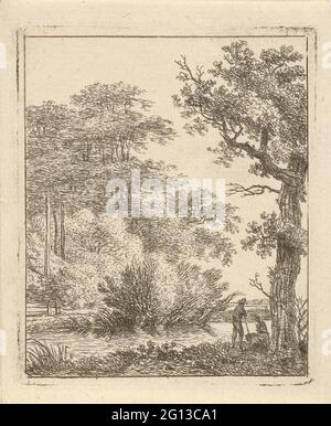 Deux personnes sur un ruisseau. Paysage avec de grands arbres et sur la rive du ruisseau, sous l'arbre au premier plan, une figure debout et assise. Banque D'Images