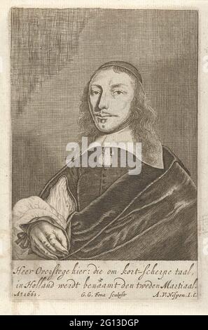 Portrait de Cornelis van Overstege. Portrait du poète Dortse Cornelis van Overstege. Il est représenté en amour avec le harnais, le col blanc plat et un manteau. Sous le portrait un verset hollandais de deux lignes. Banque D'Images