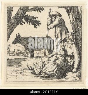 Fermier, fermier et fille avec vache; varie figure di Jacopo Callot; diverses figures. Un fermier, un fermier et une fille qui se reposent sur un arbre. En plus d'eux est une vache. En arrière-plan une santé de chèvre. Cet imprimé fait partie d'une série de 16 tirages (15 selon Lieure ; 17 ou 16 incl Titre imprimé) avec des hommes et des femmes dans diverses attitudes. Ces tirages peuvent avoir été conçus comme des exemples de dessin. Banque D'Images