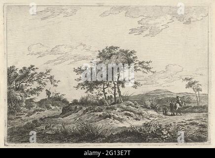 Paysage avec conducteur et piéton. Un paysage vallonné avec un arbre d'art au milieu. Sur le chemin, il y a un homme avec un bras tendu à côté d'un homme à cheval. De l'autre côté du Boompartij un marcheur avec un bâton dans ses mains. Certains nuages sont dessinés à l'arrière de l'impression. Banque D'Images