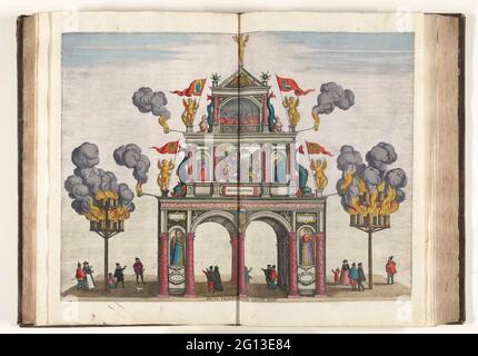 La portion espagnole (avant), 1599; Prius Frontispicium Arcus HISP .. La portion espagnole (avant), décembre 1599. Porte de Triomf décorée d'une représentation du roi Philippe II entre ses enfants. Au sommet des musiciens, à gauche et à droite des poteaux avec des pekons en feu. Lors de la première étape d'Anvers organisée à Lange Gasthuisstraat et Arembergstraat. Partie de: Historica Narratio Profectueux et Inaugurationis Serenissimorum Belgii Principum Alberti et Isabellae Austriae Archiducum, la description de l'entrée du couple à Bruxelles, Anvers, Gand et Valenciennes, 1599. Banque D'Images