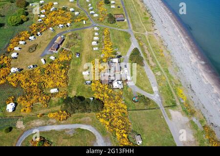 Vue aérienne de drone de la baie de la Nouvelle-Angleterre Caravan et camping-car Club Galloway Banque D'Images