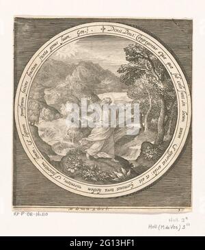 Troisième jour de création: Dieu crée des terres et des plantes et des arbres avec des fruits portant des graines; de la création à l'expulsion du paradis. Troisième jour de la création: Dieu crée des terres et des plantes et des arbres avec des fruits portant des graines. L'eau se ramène dans les rivières et la mer. En médaillon avec une lettre en latin de Genèse 1, dans un cadre rectangulaire. Banque D'Images