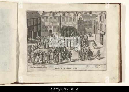 Les moines de Bruges sur le pieu, 1578; exécution uber sodomitig gottlosigkeit in der statt Bridge; série 8: Événements hollandais, 1577-1583. Fléaux et exécution des moines franciscains à Bruges sur accusation de sodomie, 26 juillet 1578. Sur la gauche le pittoresque, sur la droite les moines sur le pieu. Avec légende de 8 règles en allemand. Numéroté : 22. Sur ce spécimen, les versets sur la sodomie dans la légende ont été enregistrés (ont été). Banque D'Images