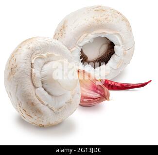 Champignons crus, entiers et roulés, aux piments et à l'ail (champignon, pied coupé, Agaricus bisporus). Isolé sur fond blanc Banque D'Images