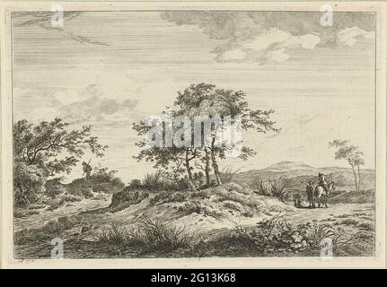 Paysage avec conducteur et piéton. Un paysage vallonné avec un arbre d'art au milieu. Sur le chemin, il y a un homme avec un bras tendu à côté d'un homme à cheval. De l'autre côté du Boompartij un marcheur avec un bâton dans ses mains. Banque D'Images