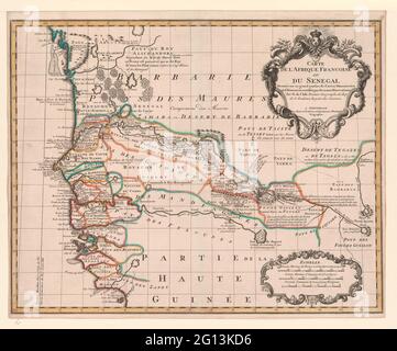 Cartographie aux pays-Bas, carte du Sénégal. Carte du Sénégal, frontières colorées, inscription R.B., R.O. Échelle en miles français anglais, miles espagnols et miles français. Inscription; R.B.: CARTE / DE l'AFRIQUE FRANÇAISE / ou / DU / SÉNÉGAL / DESSÉE SUR un grand nombre les cartes ManusCrites. Signé; R.b.: G. de l'Isle. Banque D'Images