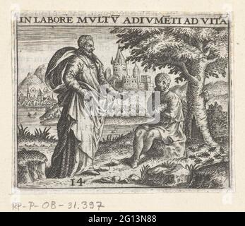 L'homme parle un boiteux; dans Labore MVLTV ADIVMETI AD VITA; Denis Lebey de Batilly, Emblemata, 1596. Un boiteux sans pieds est assis sur une pierre à une rivière. Un homme debout lui fait appel. Un arbre creux est derrière l'homme paralysé. Des insectes s'en sortent. Banque D'Images