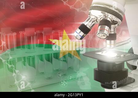 Microscope sur le drapeau du Burkina Faso - développement scientifique de fond numérique. Recherche du concept de conception de microbiologie, illustration 3D de l'objet Banque D'Images