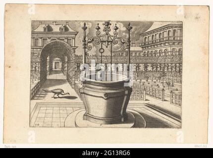 Bien rond dans un jardin avec des Berceaux; puits d'eau. Jardin, bordé de Berceaux, avec un puits rond en augmentation. La poulie attachée à une construction en fonte avec ornement. Sur la gauche un paon. No 10 de la série de 24 petits puits Banque D'Images
