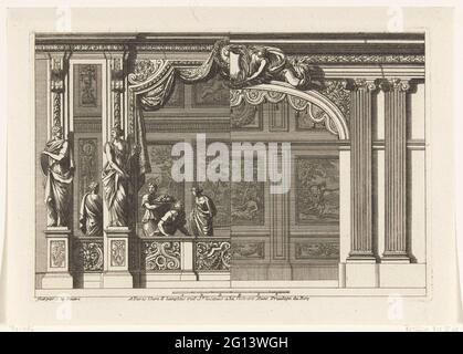 Alcôve avec variante pour la moitié droite; Alcofen à la Françoise. L'alcôve de gauche est fermée par une balustrade décorée de radeau à feuilles et de deux sculptures. Le côté droit est une variante avec deux pilastres ioniques. Feuille 2 de la série de 6 feuilles. Banque D'Images