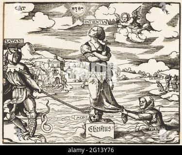 Patience (patientia) sur une pierre dans l'eau. Patience (patientia) sur une pierre dans l'eau, le pied s'appuie sur le crâne, traverse dans la main. Le mot Christ est sur la pierre. Sa jambe est assise sur une chaîne que Satan a coincé sur son côté droit. D'autre part, une figure tire son manteau. Angel est vrai avec la couronne. En paysage en arrière-plan Jean-Baptiste et martyre de Saint-Laurentius. Banque D'Images