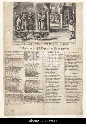 Allégorie sur la bataille entre la France et le Pape, 1624; Ceramen Inter Caponem et Gallum / Conbat entre le Chapon et le Coq / de Capoen et Haenen combat; le wallijck kapoen et Hane-grandit. Allégorie sur la bataille entre la France et le Pape, 1624. Combat humain entre deux coqs ornés de la couronne papale et de la couronne du roi français, en arrière-plan des spectateurs royaux. Droite une cuisinière grinds (Espagne?) À la cuisine son couteau. À l'extérieur, la discorde illumine un globe, avec le château ange en arrière-plan. Différents textes en néerlandais et en français sont imprimés sur la lame sous la plaque. Banque D'Images