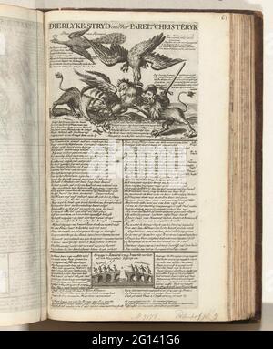 Le coq français attaqué par les alliés, 1708; Dierlyke Stryd à la meilleure perle de la Christe [N] Ryk; Dierlyke Stryd à la meilleure perle de la Christistry, ou le pont à une bonne paix; le Palmhof des alliés / 't Lusthof de Momus. Caricature avec le coq français attaqué par les alliés : le chien (Angleterre), le lion hollandais et l'aigle impérial. Versets dans la plaque en néerlandais et français. Partie de: Le Palmhof des alliés, une série de 9 cartrents sans précédent sur les Français dans l'année 1708 de la guerre de succession espagnole. Partie de l'imprimerie sous le titre collectif 't Lust court de Momus avec t Banque D'Images