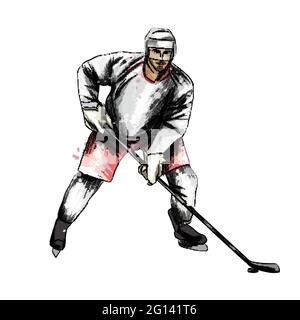 Joueur de hockey abstrait de la projection d'aquarelles, dessin coloré, réaliste. Sports d'hiver. Illustration vectorielle des peintures Illustration de Vecteur