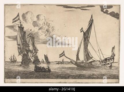 Deux navires de guerre et un yacht; treize scènes avec des navires. Un certain nombre de navires sur l'eau dont un yacht, deux grands navires de guerre hollandais et une boucle avec des gens. Banque D'Images