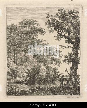 Deux personnes sur un ruisseau. Paysage avec de grands arbres et sur la rive du ruisseau, sous l'arbre au premier plan, une figure debout et assise. Banque D'Images