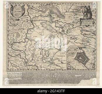 Carte de Graafschap Zutphen, 1627; COMITATTUS Zutphania; Corte Statue du Ghelegentheyt, Sterrive, et l'actuel Siège du Stadt Grolle, situé à T'Graefschap Zutphen. Carte de Graafschap Zutphen, 1627. En haut à droite, deux personnages en costume régional. En bas à droite d'un engagement à une carte de Groenlo Besiested par l'armée d'Etat sous Frederik Hendrik en 1627. Joint sous l'impression d'un texte (incomplet) avec la description du siège de grol en 6 colonnes en néerlandais. Banque D'Images