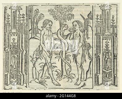 La chute. Imprimé de trois blocs. Adam et Eve se tiennent à l'arbre dans lequel le serpent est. EVA a interdit le fruit dans sa main. À gauche et à droite de l'ornementation architecturale du spectacle. Banque D'Images
