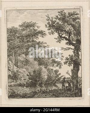 Deux personnes sur un ruisseau. Paysage avec de grands arbres et sur la rive du ruisseau, sous l'arbre au premier plan, une figure debout et assise. Banque D'Images