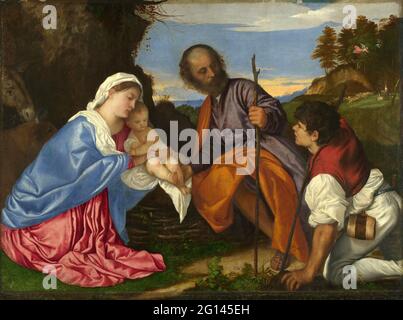Tiziano Vecellio - la Sainte famille avec un berger Banque D'Images