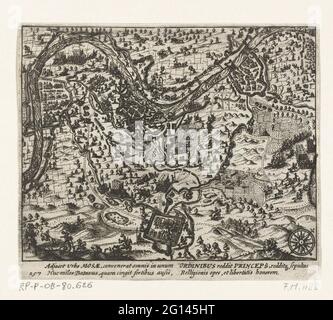 Siège et prise de tombe par Maurits, 1602. Siège et admission de la tombe de la ville par l'armée d'État sous le Prince Maurits, juillet 18 - septembre 20 1602. Plan de la tombe de la ville dans le pays environnant avec au sommet du Maas. Avec les camps de l'armée des bimonomères. Avec légende de deux lignes en latin. Numéro 257. Imprimé au dos avec texte en latin. Banque D'Images