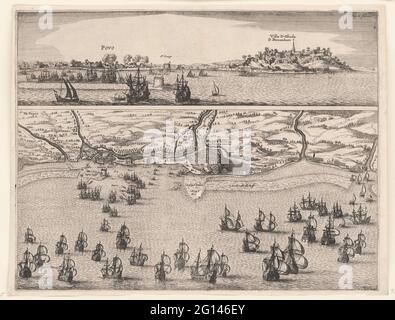 Conquête d'Olinda au Brésil par le général Hendrick C. LONCQ, 1630. Conquête de la ville d'Olinda à Pernambuco au Brésil par une flotte de la WIC sous la direction de l'amiral Hendrick C. LONCQ, février ou mars 1630. Deux représentations. Au-dessus d'une face sur Olinda de l'eau avec quelques bâtiments en feu. Situé sous la flotte hollandaise pour Olinda sur la côte brésilienne. Signature en haut à droite : Fig. 10, FOL. 100. Banque D'Images