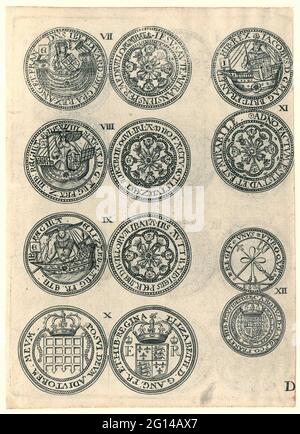 Six anciennes pièces anglaises numérotées VII-XII Illustration remarquée 'd', de W. Stubbe, 'afrher justification de la guerre actuelle contre les pays-Bas Unis', Londres 1673. Le spectacle montre le front et manger de six pièces anglaises anciennes, comme preuve pour la règle anglaise les océans. Les imprimés ont été utilisés par les Anglais comme propagande pour justifier la guerre contre les provinces unies. Banque D'Images