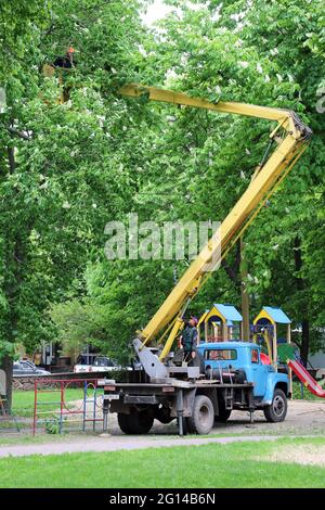 Élaguer les arbres en haute altitude depuis une plate-forme aérienne sur l'aire de jeux Banque D'Images