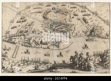 Le dernier siège de Rheinberg par Maurits, 1601. Siège à partir du 12 juin et conquête le 31 juillet 1601 de la ville de Rheinberg par l'armée d'Etat sous le Prince Maurits. Plan de la ville et du pays environnant avec tous les scans, l'île dans le Rhin avec le pont du navire. Au premier plan un groupe de trois cavaliers dont Maurits. Les détails de l'émission sont indiqués par des lettres et des chiffres, mais la légende est manquante. Banque D'Images