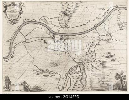 Siège et prise de tombe par Maurits, 1602; Gravia Obsessa et Expuga Armis Ordinum Belgicae Confoithata AB Illustrissimo principe Mauritio (...) 1602 ; Graviane Obsidiom & Exlongnatio, Anno MDCIV per Mauritium Nassauum, & c. FOORDATAE BELGICAE EXERCITUS DUCEM ET C .. Pulvérisation et prise de la tombe de la ville par l'armée d'État sous le Prince Maurits, 18 juillet - 20 septembre 1602. Carte de la tombe avec les défenses de la ville et dans la région. Avec les camps militaires de Maurits, Willem Lodewijk et Francis Vere. Au-dessus de gauche une cartouche avec le titre latin, en bas à gauche d'une cartouche vide avec deux soldi de repos Banque D'Images