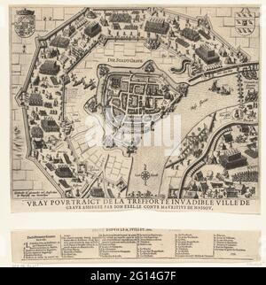 Siège et admission de la tombe par Maurits, 1602; VRAY PourTct de la Reefforte Invenble ville de grave AssieGee par son Exel. Le Conte Maurice de Nassou. Siège et admission de la ville de tombe par l'armée d'État sous le Prince Maurits, 18 juillet - 20 septembre 1602. Carte de la tombe avec l'omchanter à travers les troupes du prince. En haut à gauche, les bras des États généraux, en haut à droite de la ville de grave. Le titre français coincé sous le spectacle, ici une feuille lâche avec la légende A-Z et a-u en français. Banque D'Images