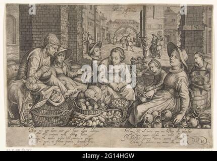 Marché avec en arrière-plan la parabole des ouvriers du vignoble, environ 1600. Marché avec des femmes du marché et des vendeurs de légumes, fromage, volaille, pain, beurre et faïence, sur la gauche un veau. Scène dans une ville. En arrière-plan, la parabole des ouvriers du vignoble. Avec légende de 2 versets de 4 lignes chacune en latin. Banque D'Images