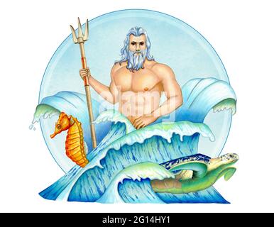 Poseidon, dieu grec de la mer, dans une composition avec des vagues, un hippocampe et une tortue de mer. Illustration de supports mixtes. Banque D'Images