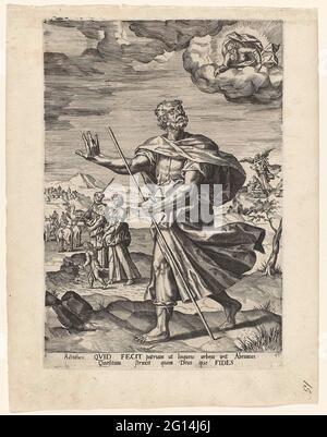 Appeler d'Abraham; la lettre aux Hébreux Chapitre 11. Abraham écoute Dieu qui lui parle d'un nuage. Abraham est laissé en arrière-plan avec une femme et un enfant dans son troupeau. À droite, Abraham offre à son fils Isaac. Au-dessous de l'image se trouve un texte à deux pattes en latin, à droite dans la marge numérotée: 4. L'imprimé fait partie d'une série d'imprimés sur la lettre aux Hébreux Chapitre 11. Banque D'Images