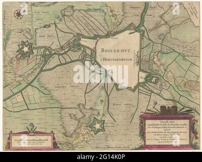 Carte du siège van den Bosch par Frederik Hendrik, 1629; Nouvelle carte Representant la ville de Bolduc et Plan, avec ses Brake Pars, Fssez, forteresses d'Alentour etc. Ensemble les Aproches de Chaq. Quartier de Ceux de dehors Justiques a la dite ville .. Carte du siège de Den Bosch par l'armée d'Etat sous Frederik Hendrik, du 1er mai au 17 septembre 1629. Carte avec le centre de la ville fortifiée, à gauche fort Isabella. En bas à droite d'une cartouche avec le titre français. En bas à gauche un ripper: Eschelle de DEUX CENTS Verges de Rhinlande, dont les 1600 font le Marcher d'une heure. Banque D'Images