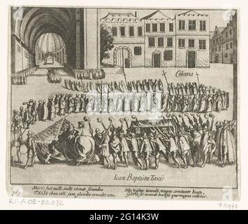 Funérailles de Johann Baptista von Tassis à Cologne, 1588. Funérailles de Johann Baptista von Tassis, Dissub près du siège van Bonn, à Cologne, le 26 avril 1588. Épisode de la guerre de Keulse. Avec légende de 4 lignes en latin. Numéro 195. Imprimé au dos avec texte en latin. Banque D'Images