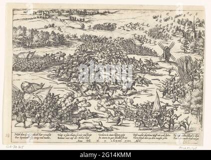 Battle on the Mookerheide, 1574; série 6: Événements hollandais, 1571-1576. Bataille sur le Mookerheide, 14 avril 1574. Bataille entre l'armée des insurgés sous le commandement de Louis et Hendrik van Nassau et l'armée espagnole parmi les Veldheren d'Avila, Mendoza et Mondragon. En haut à gauche Nijmegen, à droite Mook. Avec légende de 10 lignes en allemand. Sans numéro. Banque D'Images