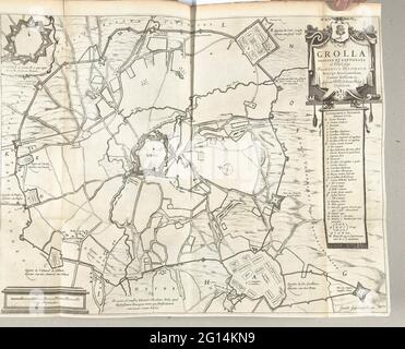 Siège de Grol, 1627; Trolla Obsessa et Expuga AB Illustrissimo Friderico Henrico. Carte du siège de Groenlo, 1627. Centre de la ville de Groenlo, autour de lui les quartiers des troupes de scellement. En haut à gauche un pari avec une carte de la ville, en bas à gauche l'échelle,. En haut à droite une cartouche avec le titre et la légende A-O et 1-18 en latin. Inscriptions dans les représentations en français et néerlandais. Une partie des documents du rapport de la mise en place et de la conquête de grol par l'armée d'État sous Frederik Hendrik, du 6 juillet au 19 août 1627. Banque D'Images