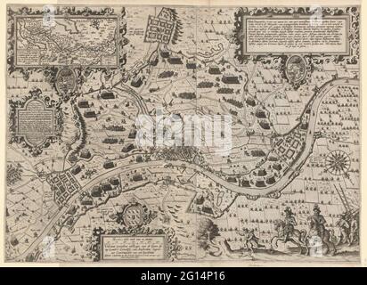 Siège de la tombe, 1602. Grand spectacle sur deux plaques du siège et de l'admission de la tombe par l'armée de l'Etat parmi les Maurits, juillet-septembre 1602. Tombe et le pays environnant sur le Maas avec 15 minutes du prince, Vere, Comte Willem et Comte Ernst Casimir. En haut à gauche, un pari avec une carte du pays de Cuyck. De plus, des traits de jauge avec inscriptions, l'assignation et les échelles. En bas à droite de Prince Maurits et Frederik Hendrik à cheval. Au dos de la légende 1-29 et A-Z en néerlandais. Banque D'Images