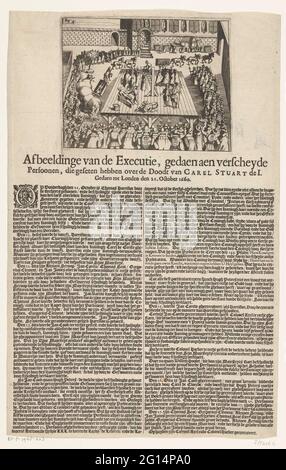 L'exécution de personnes reconnues coupables de la mort de Charles Ier, 1660; l'ation de l'exécution, fait une personne étrifiée qui a poursuivi au sujet des morts de Carel Stuart de I à Londres, octobre 16. Octobre 1660. Exécution sur plusieurs personnes responsables de la décapitation du roi Charles I en 1649, à Londres le 21 1660 octobre. Sur la lame pressée sous la plaque UNE description en 2 colonnes en néerlandais, ici les exécutions de Jan Carew (octobre 25) Jan Cook (octobre 26) et Thomas Scot (27 octobre). Banque D'Images