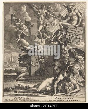 PAGE DE TITRE POUR: EUROPIC MERCURIUS Quatorzième pièce première partie, 1703. Page de titre pour: Europisch Mercury Quatorzième pièce première partie, inclus les 6 premiers mois de l'année 1703. Autel avec l'année 1702 et armes au-dessus de laquelle l'un à ses pieds chaîné Mercure et la victoire. Sur la droite, soulever un guerrier (l'Empire allemand) l'épée contre un lion (France). Au premier plan le dieu du Rhin. Banque D'Images